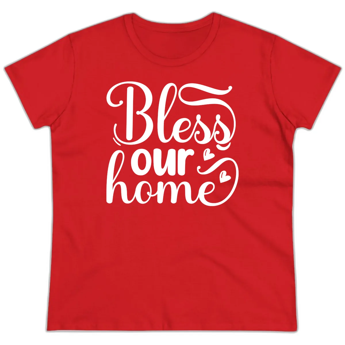 Bless Our Home Script Typography Ladies Tee in Red