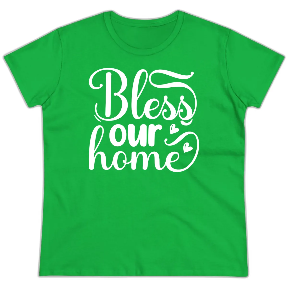 Bless Our Home Script Typography Ladies Tee in Irish Green