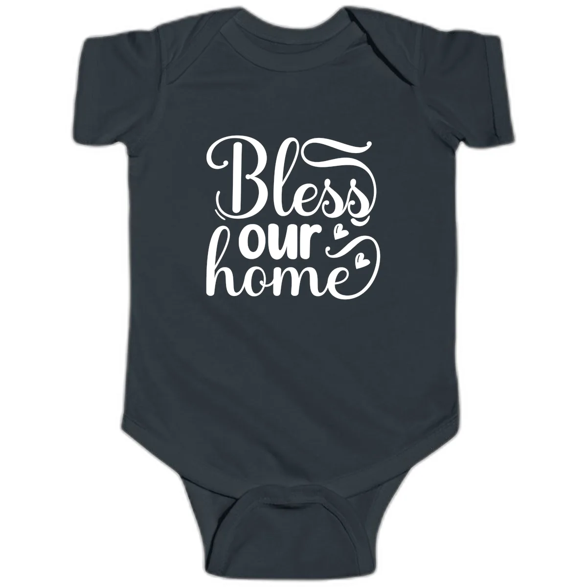 Bless Our Home Script Typography Baby Onesie in Black