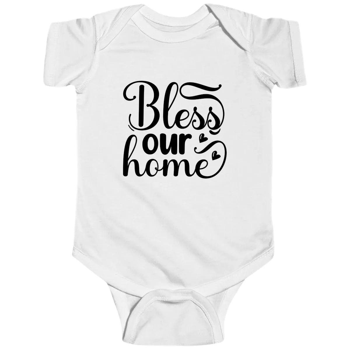 Bless Our Home Script Typography Baby Onesie in White