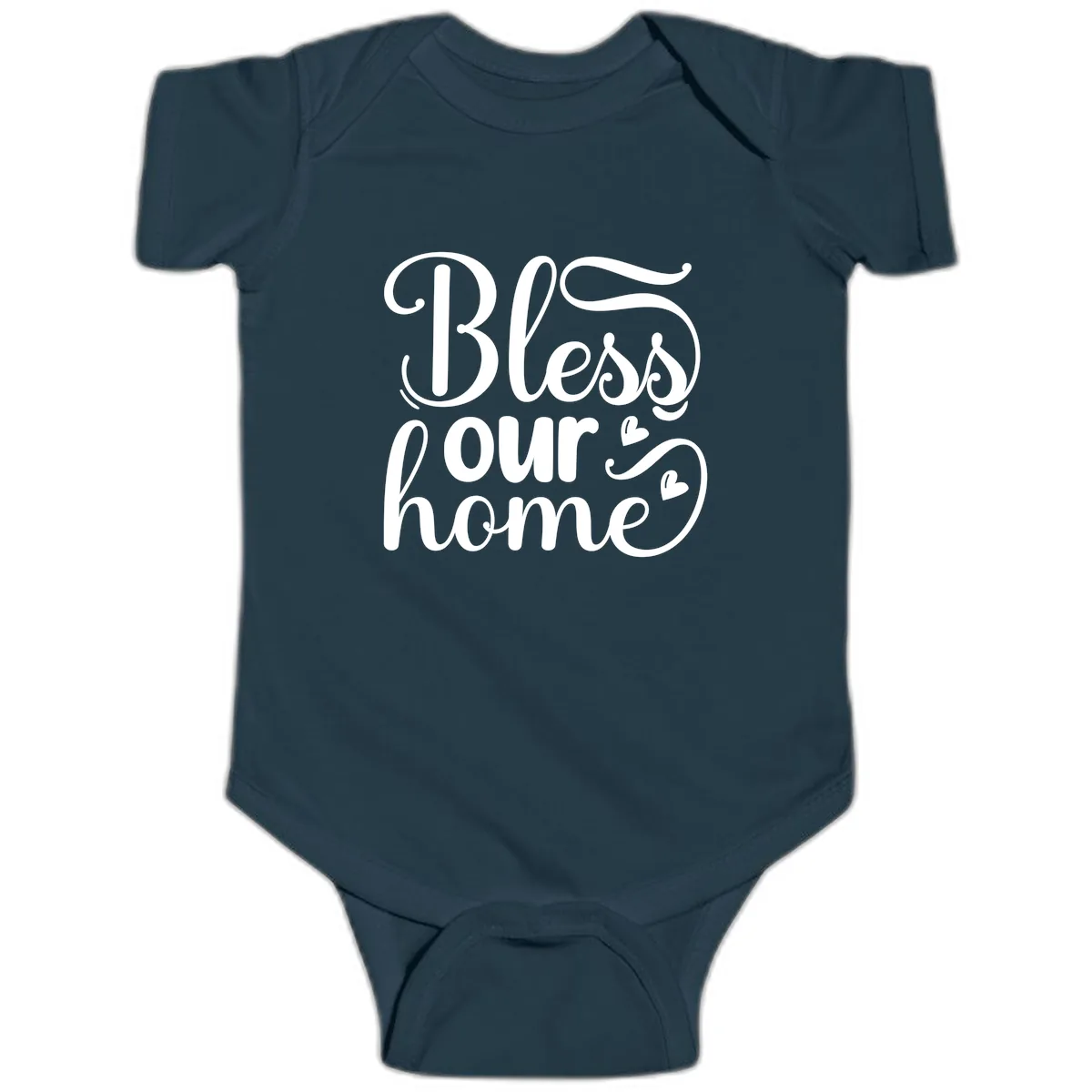 Bless Our Home Script Typography Baby Onesie in Navy