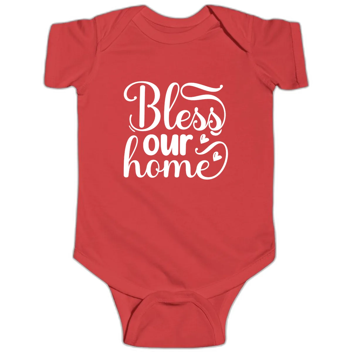 Bless Our Home Script Typography Baby Onesie in Red