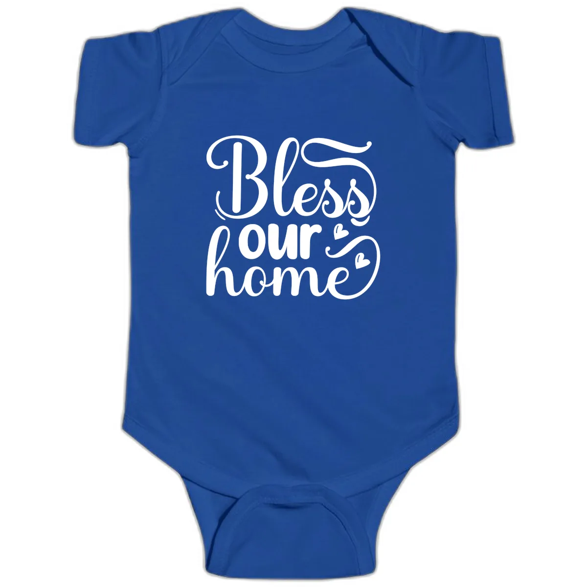 Bless Our Home Script Typography Baby Onesie in Royal