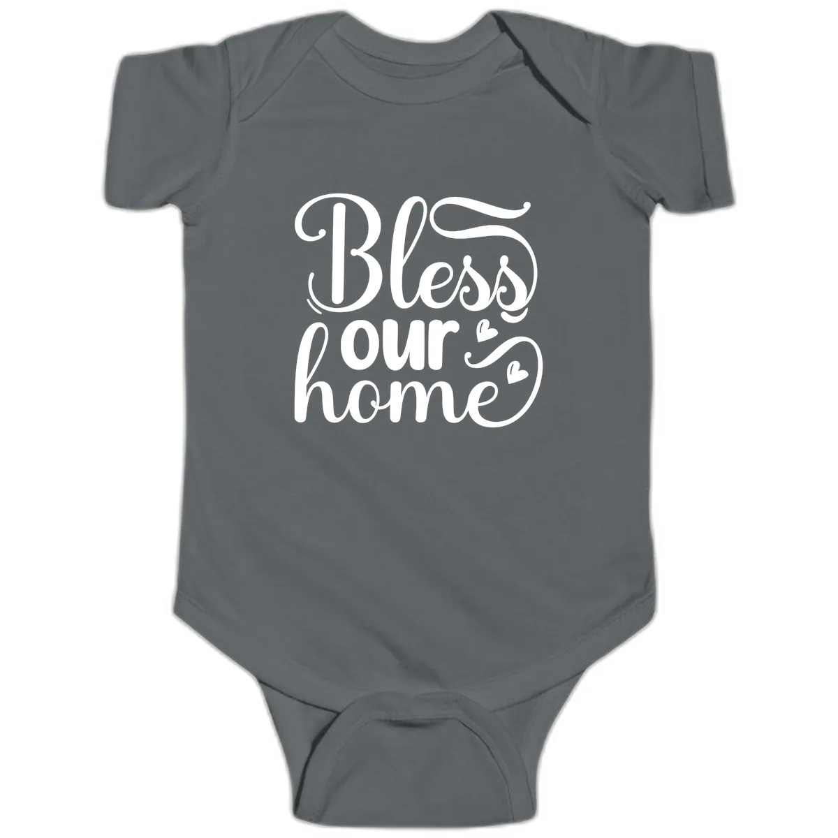 Bless Our Home Script Typography Baby Onesie in Charcoal