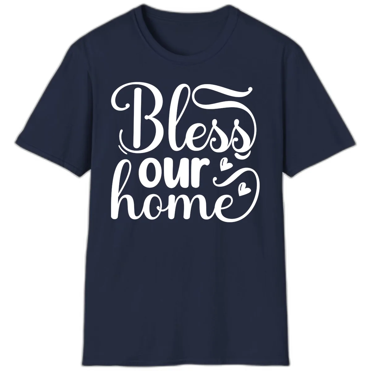 Bless Our Home Script Typography T-Shirt in Navy