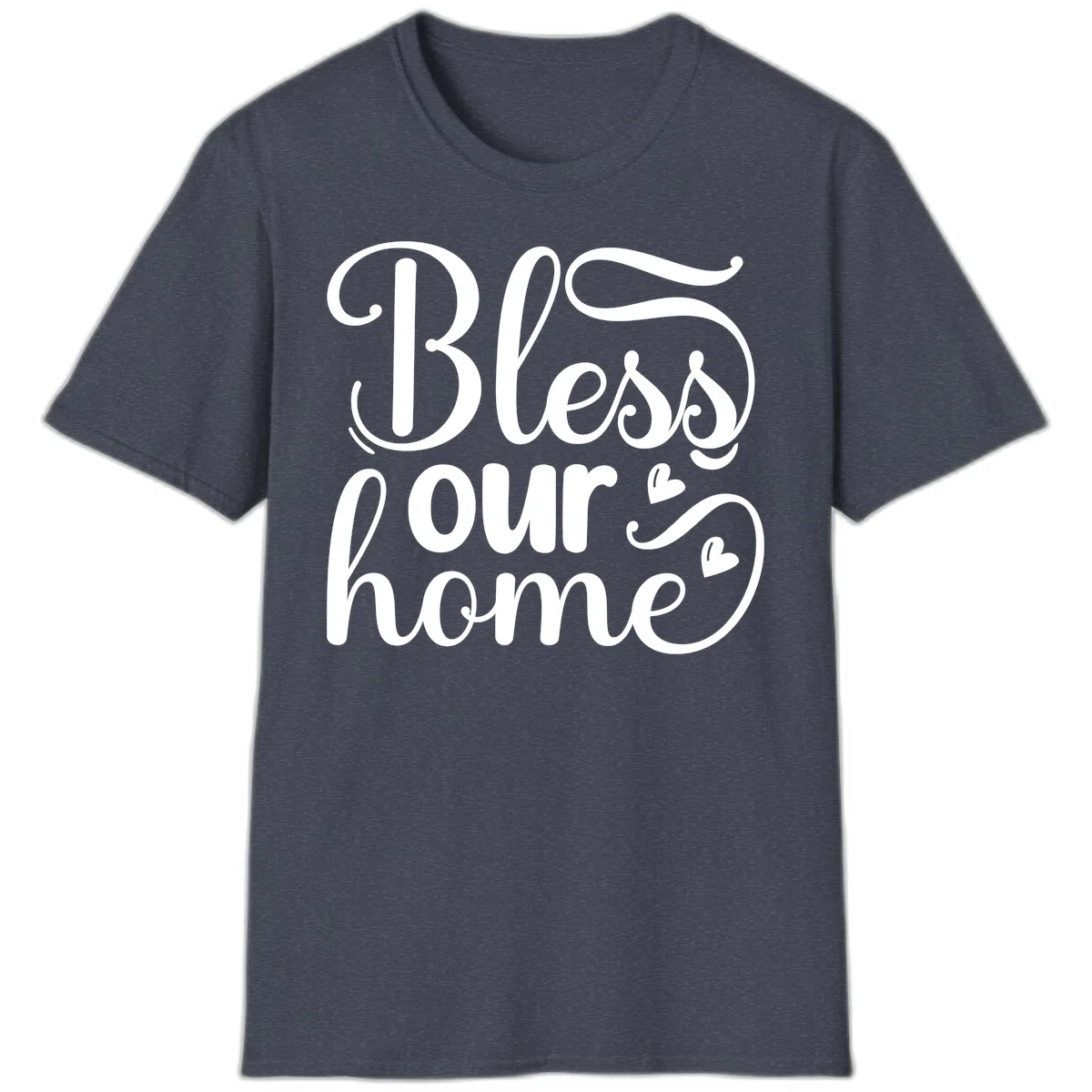 Bless Our Home Script Typography T-Shirt in Heather Navy