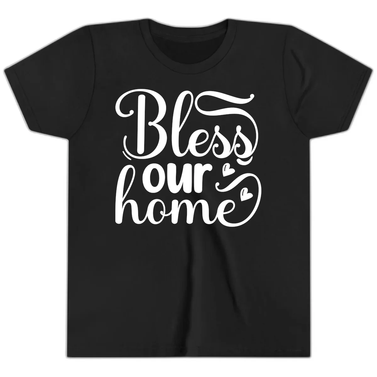 Bless Our Home Script Typography Youth T-Shirt in Black