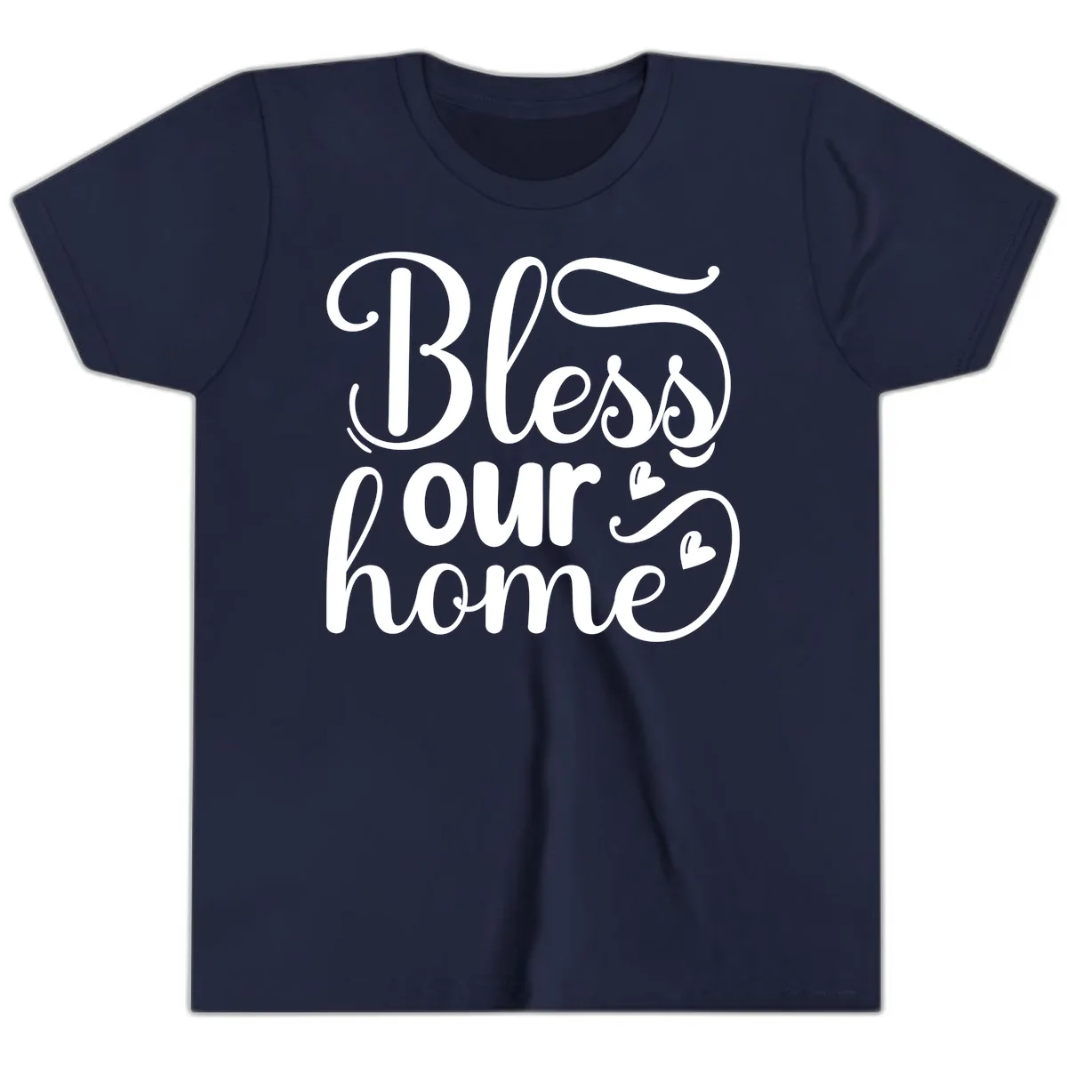Bless Our Home Script Typography Youth T-Shirt in Navy