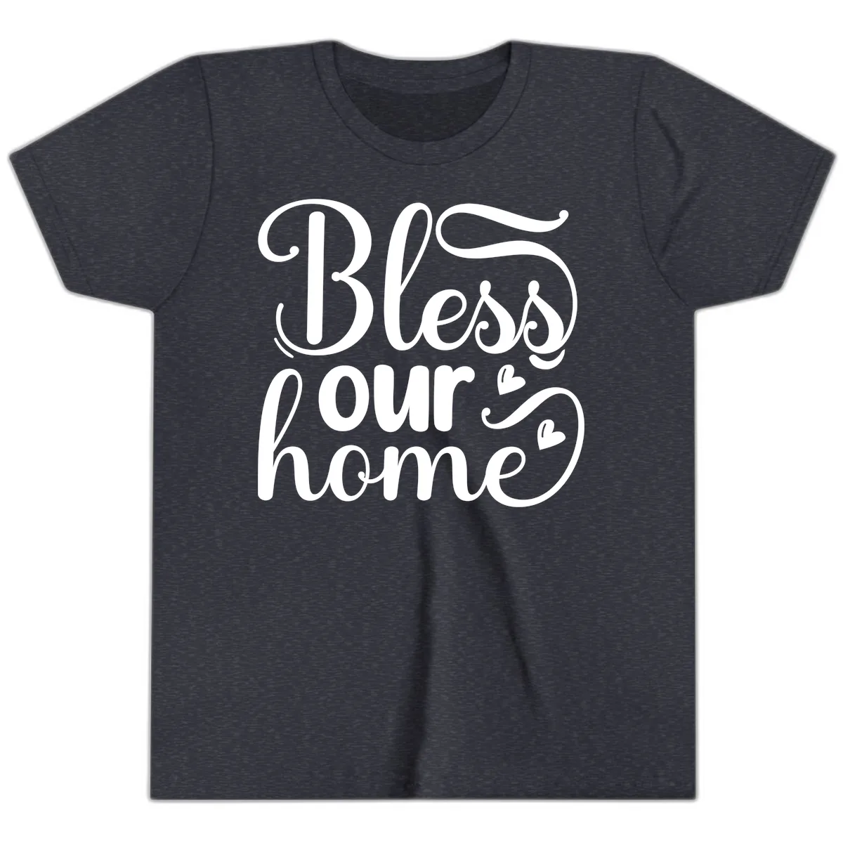 Bless Our Home Script Typography Youth T-Shirt in Heather Navy
