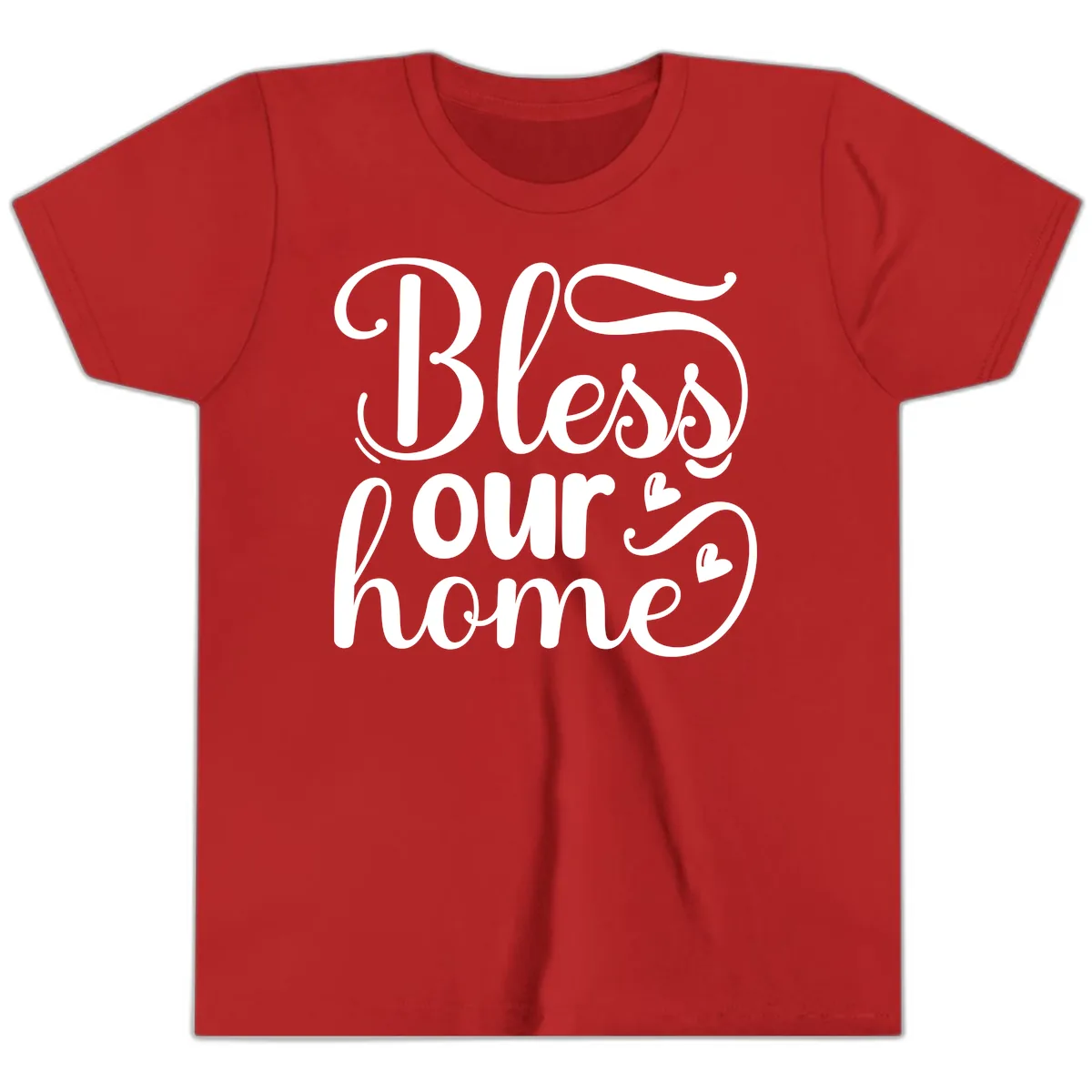 Bless Our Home Script Typography Youth T-Shirt in Red