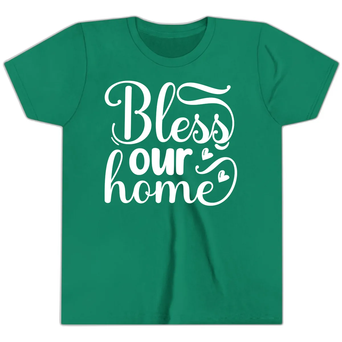 Bless Our Home Script Typography Youth T-Shirt in Kelly