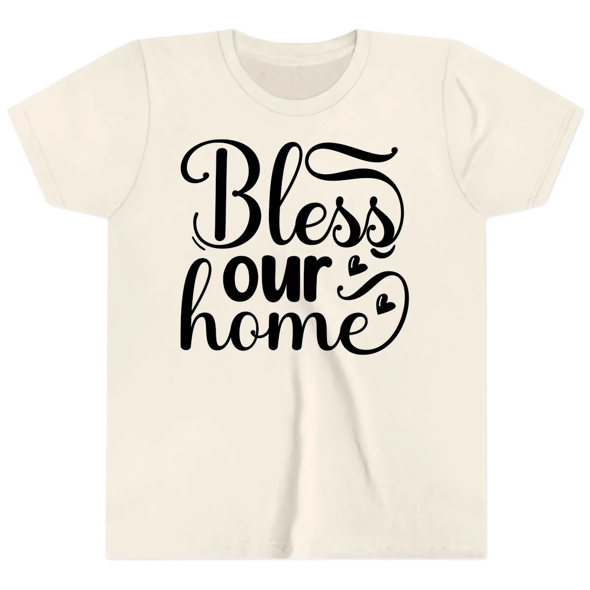 Bless Our Home Script Typography Youth T-Shirt in Natural