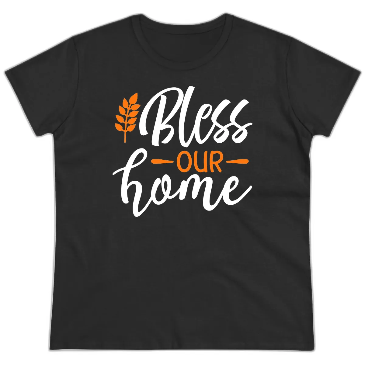 Bless Our Home Autumn Wheat Design Ladies Tee in Black