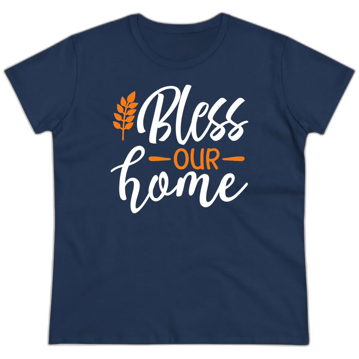 Bless Our Home Autumn Wheat Design Ladies Tee in Navy