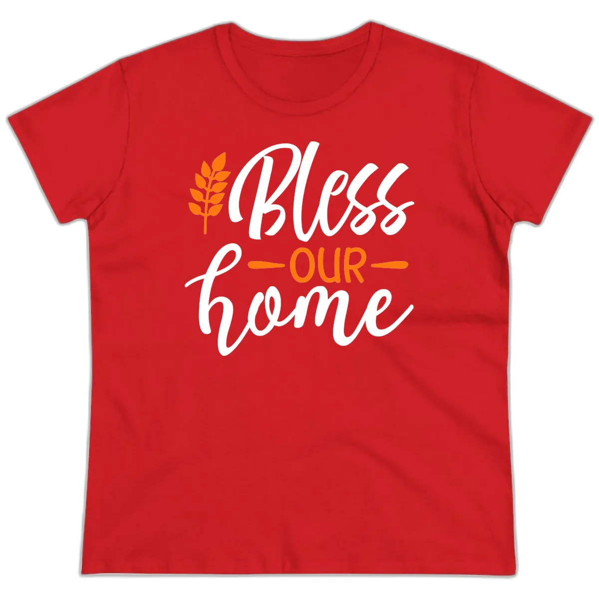 Bless Our Home Autumn Wheat Design Ladies Tee in Red