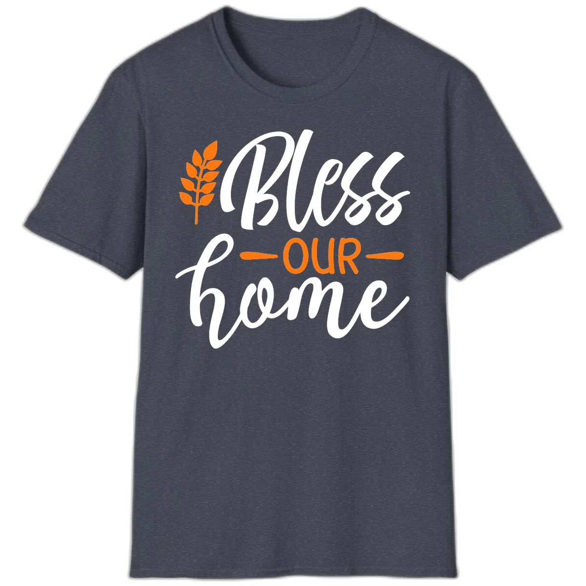 Bless Our Home Autumn Wheat Design T-Shirt in Heather Navy