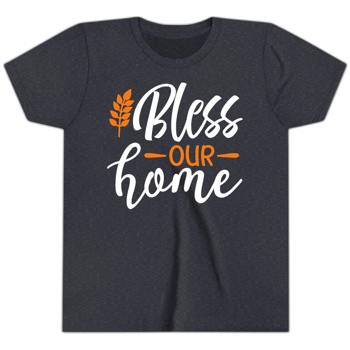 Bless Our Home Autumn Wheat Design Youth T-Shirt in Heather Navy