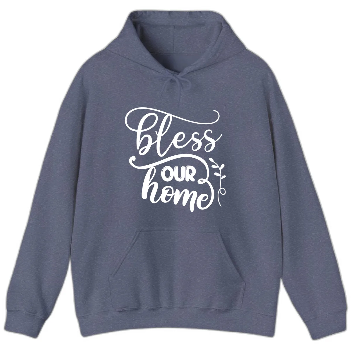 Bless Our Home Typography Design Hoodie in Heather Navy