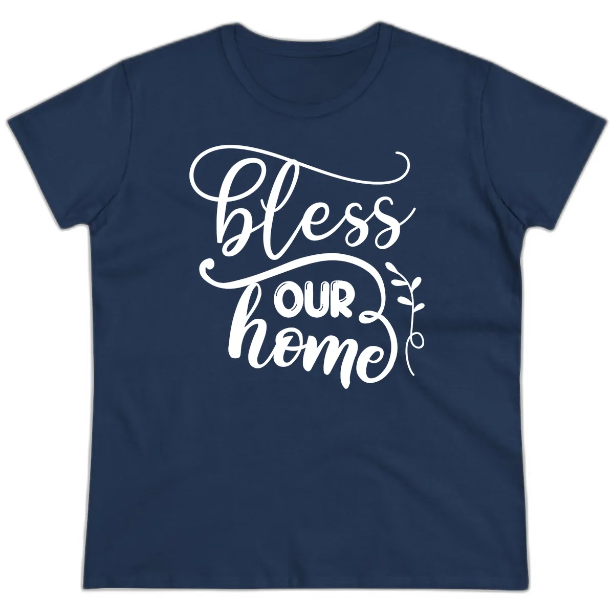 Bless Our Home Typography Design Ladies Tee in Navy