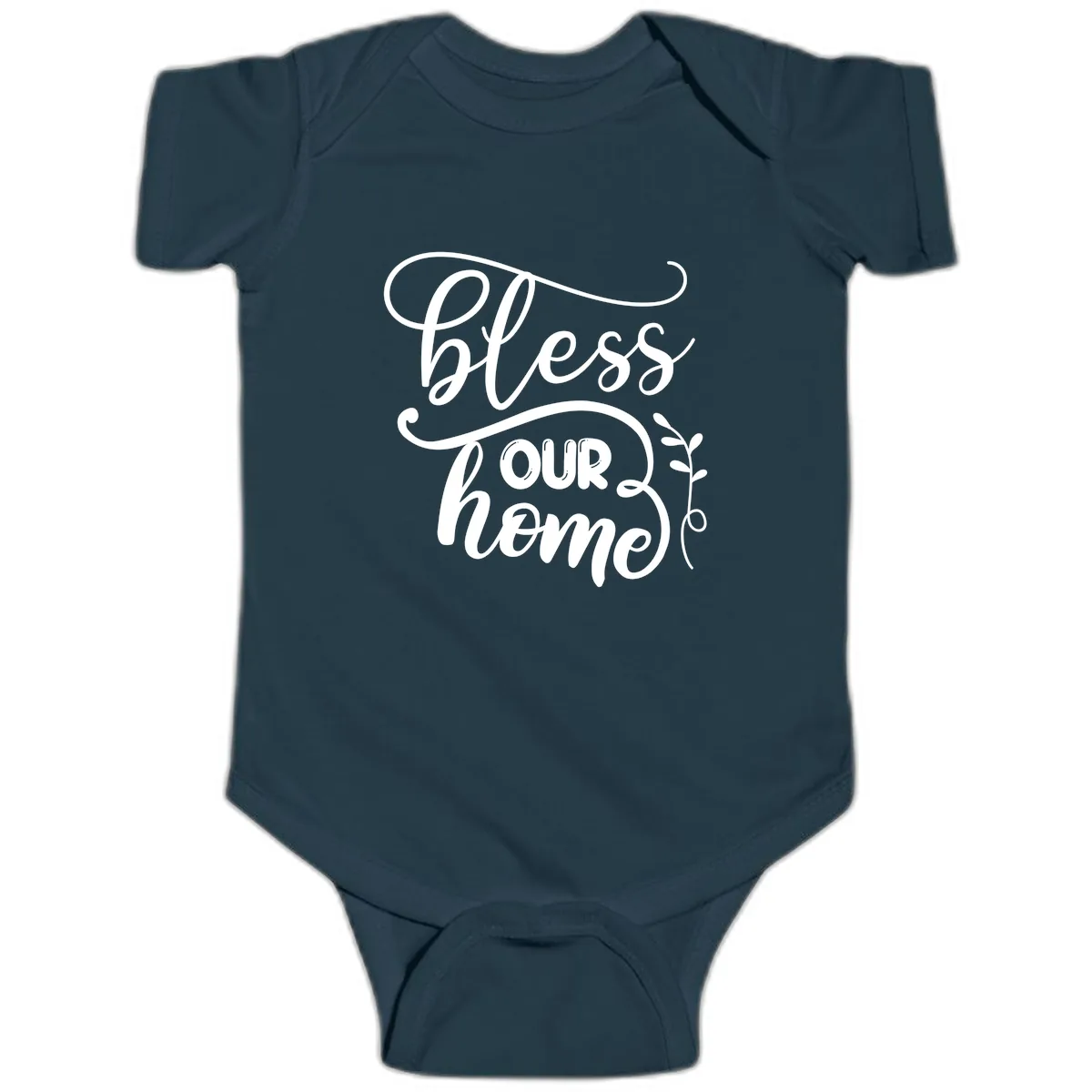Bless Our Home Typography Design Baby Onesie in Navy
