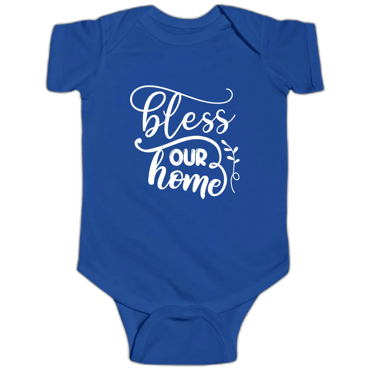 Bless Our Home Typography Design Baby Onesie in Royal