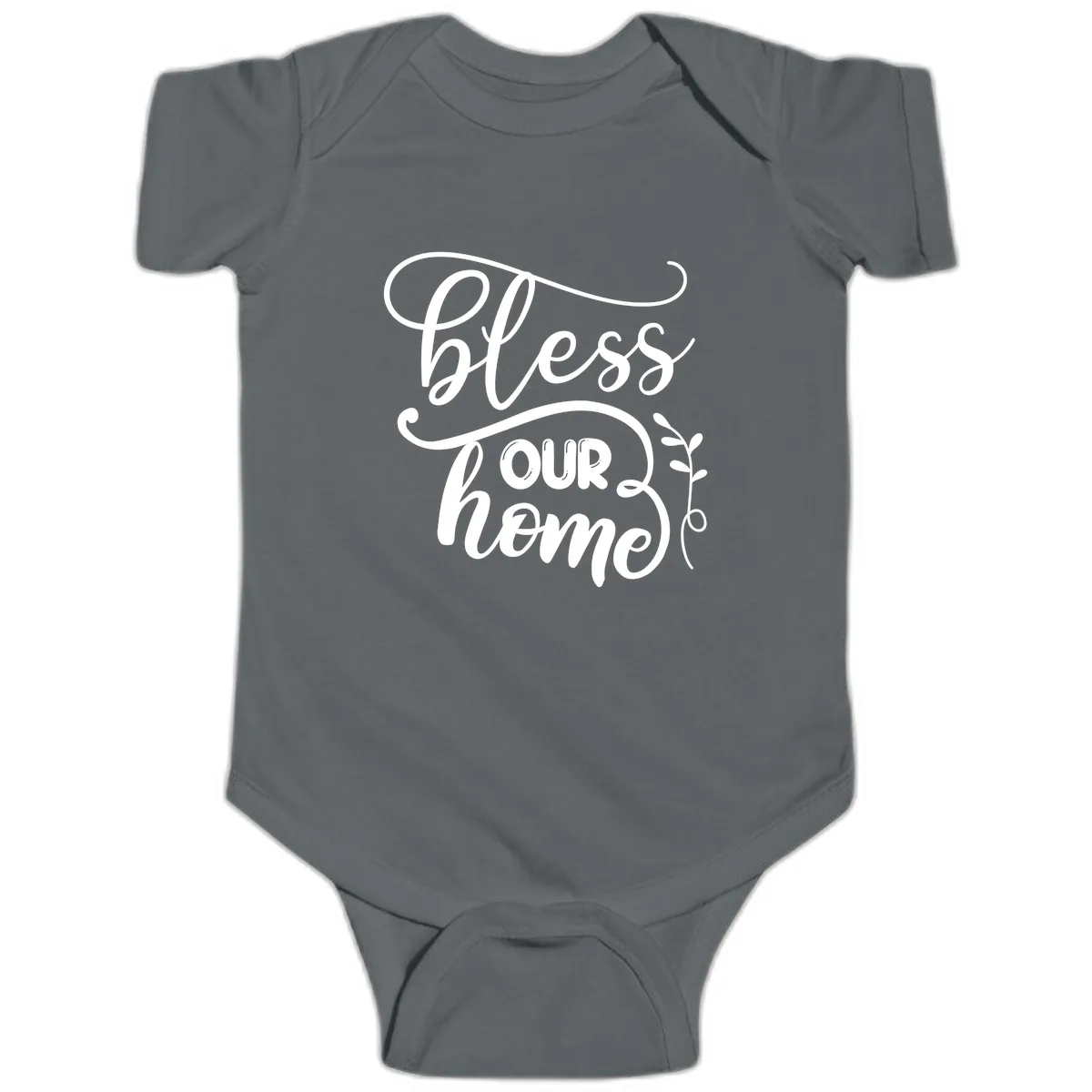 Bless Our Home Typography Design Baby Onesie in Charcoal