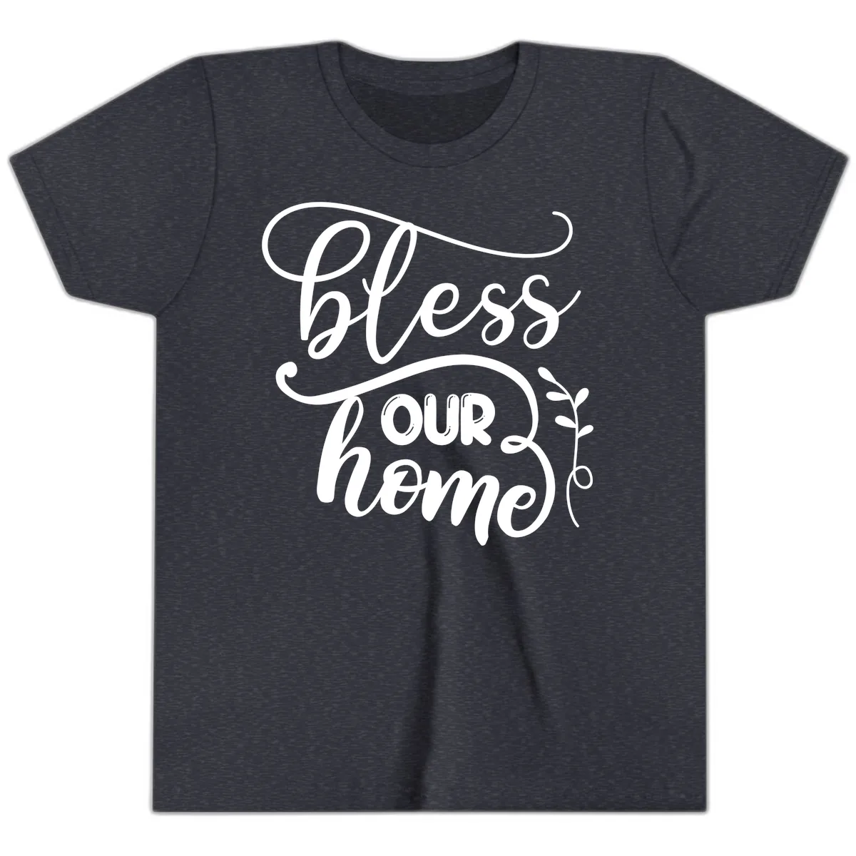 Bless Our Home Typography Design Youth T-Shirt in Heather Navy