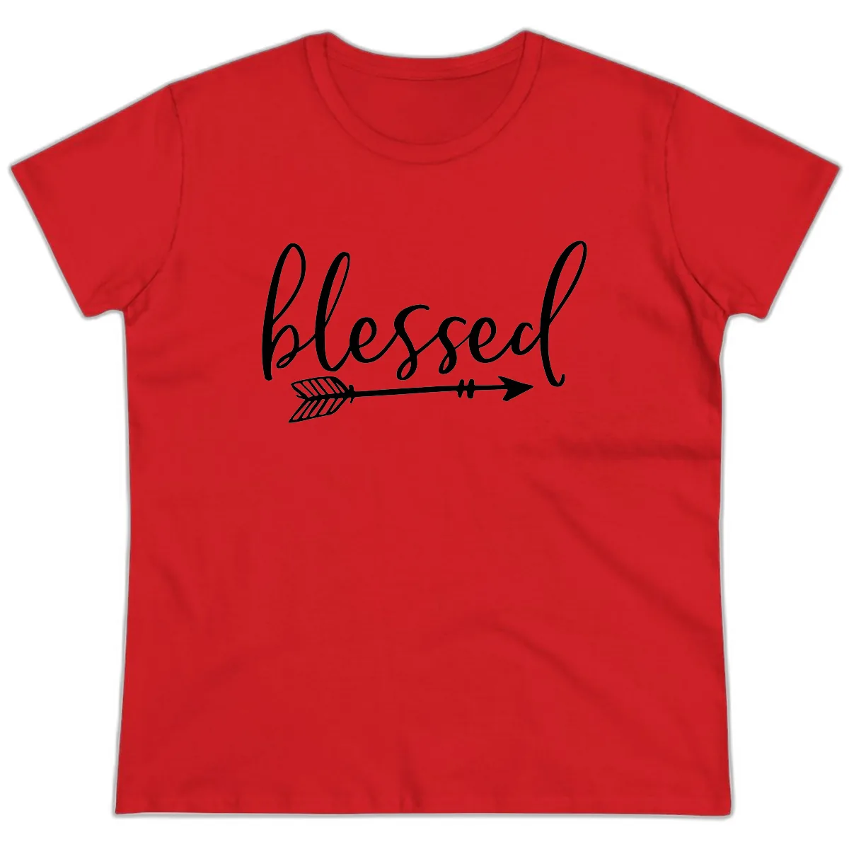 Blessed Arrow Script Design Ladies Tee in Red