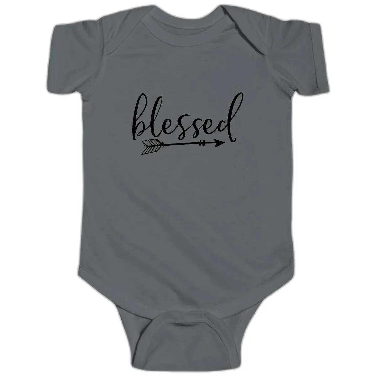 Blessed Arrow Script Design Baby Onesie in Charcoal