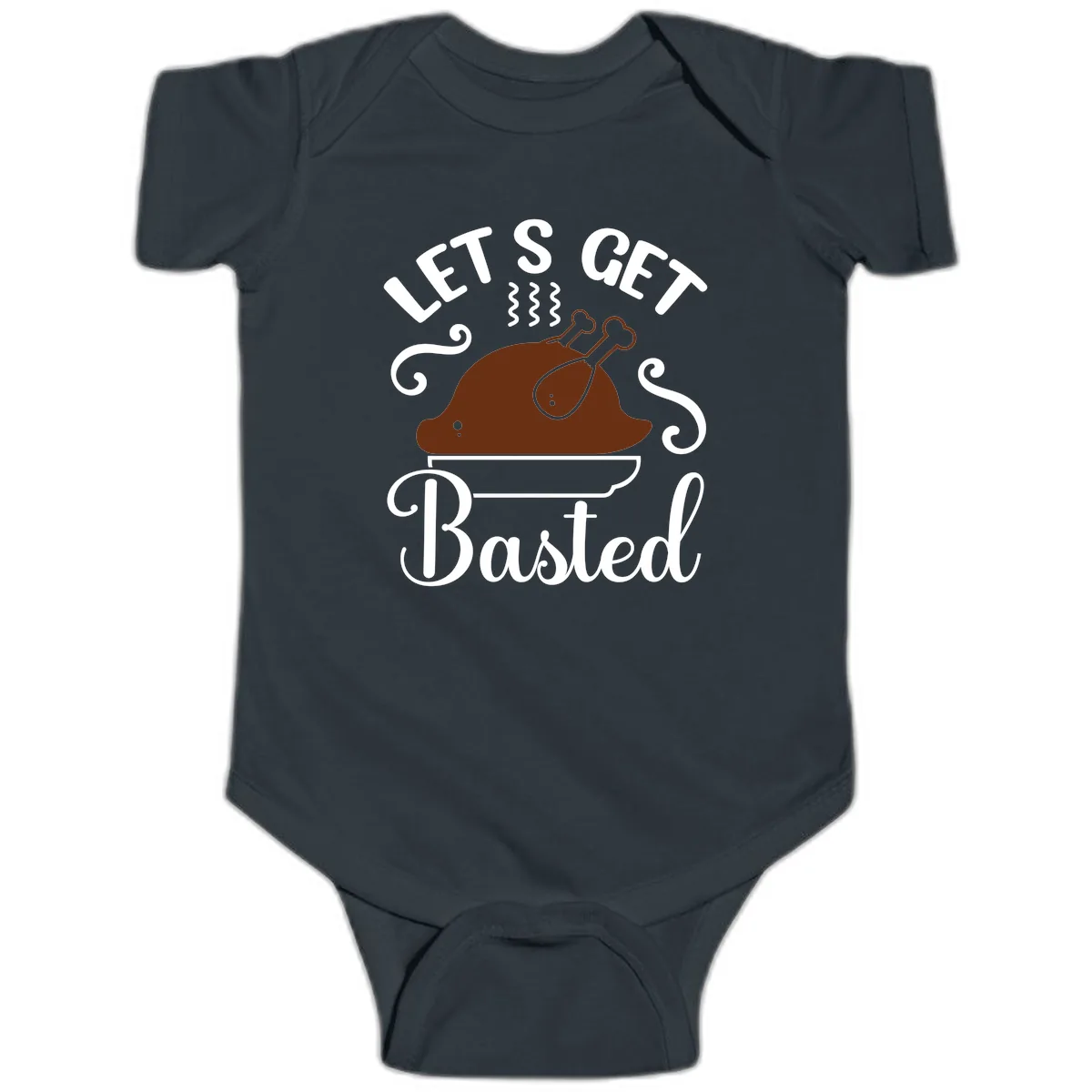 Let's Get Basted Thanksgiving Turkey Design Baby Onesie in Black