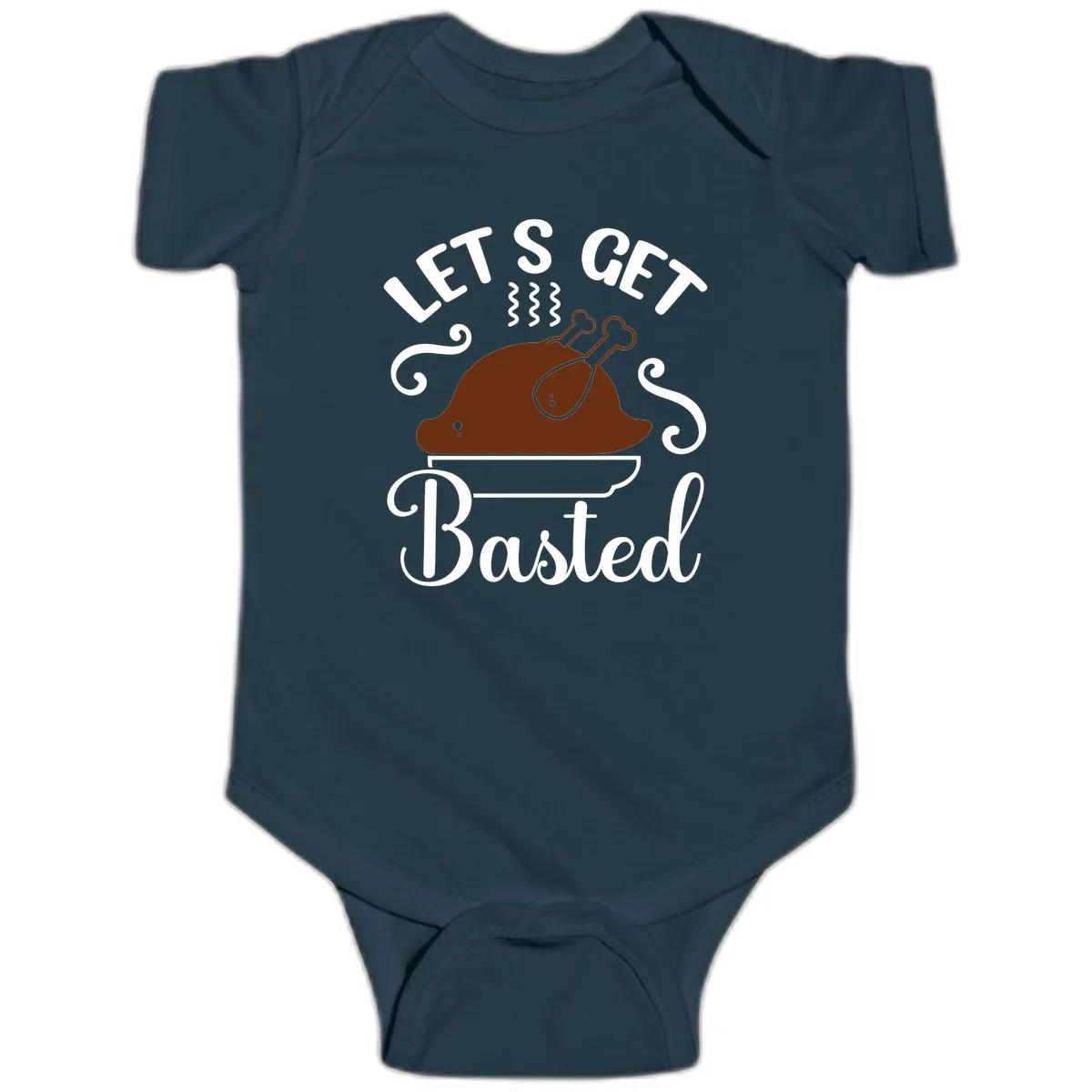 Let's Get Basted Thanksgiving Turkey Design Baby Onesie in Navy