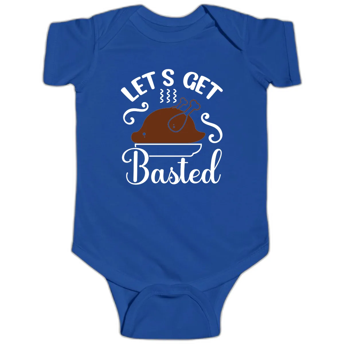 Let's Get Basted Thanksgiving Turkey Design Baby Onesie in Royal