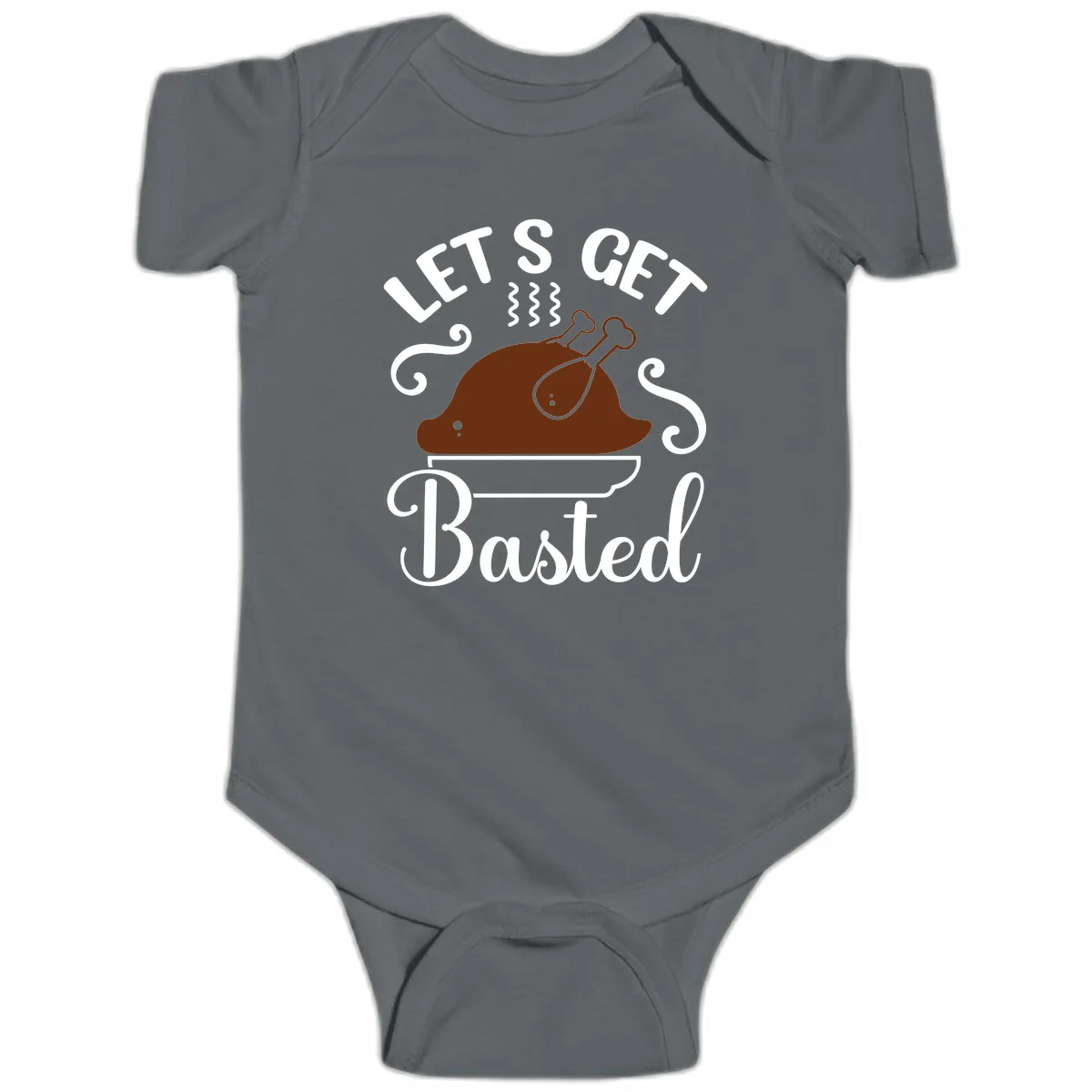 Let's Get Basted Thanksgiving Turkey Design Baby Onesie in Charcoal