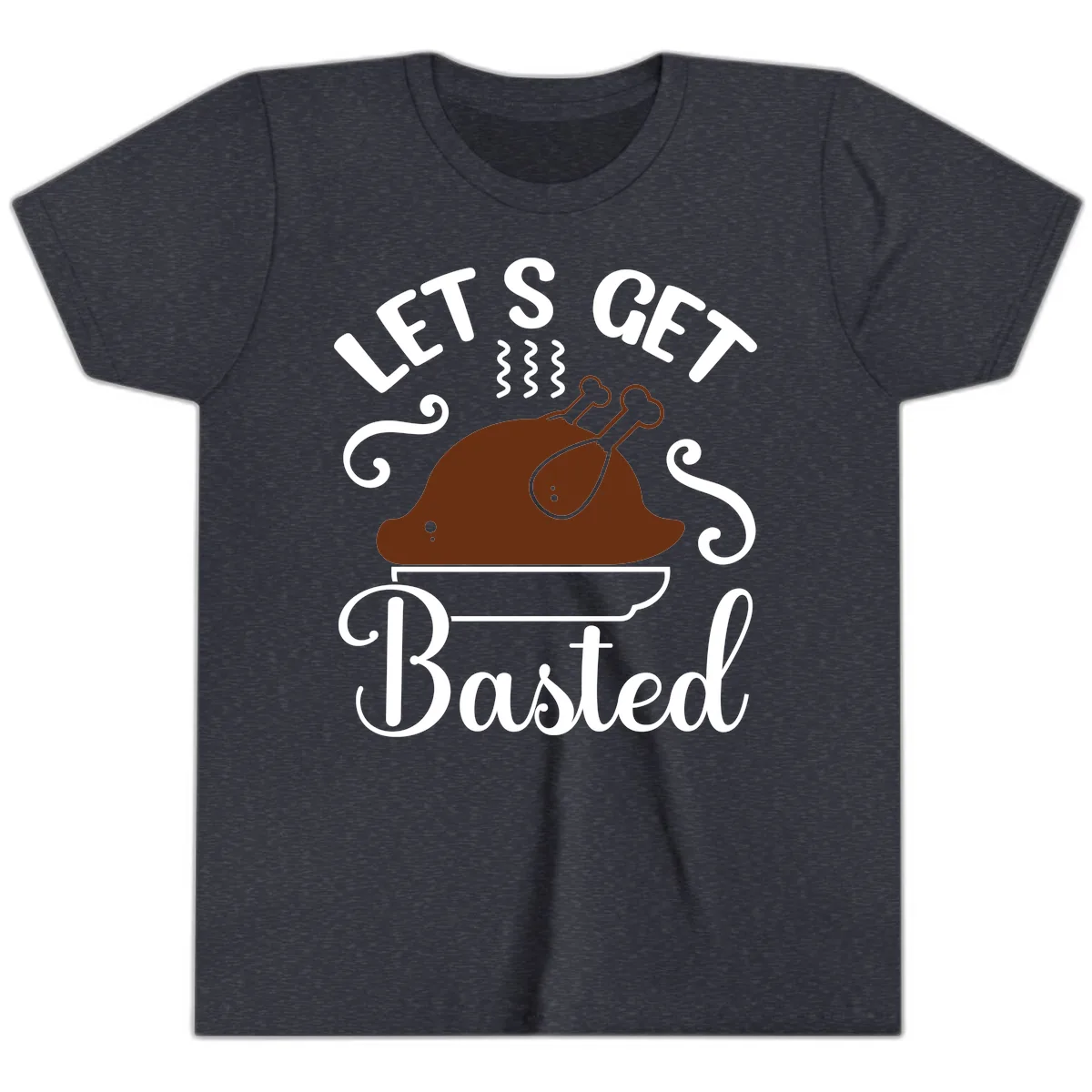 Let's Get Basted Thanksgiving Turkey Design Youth T-Shirt in Heather Navy