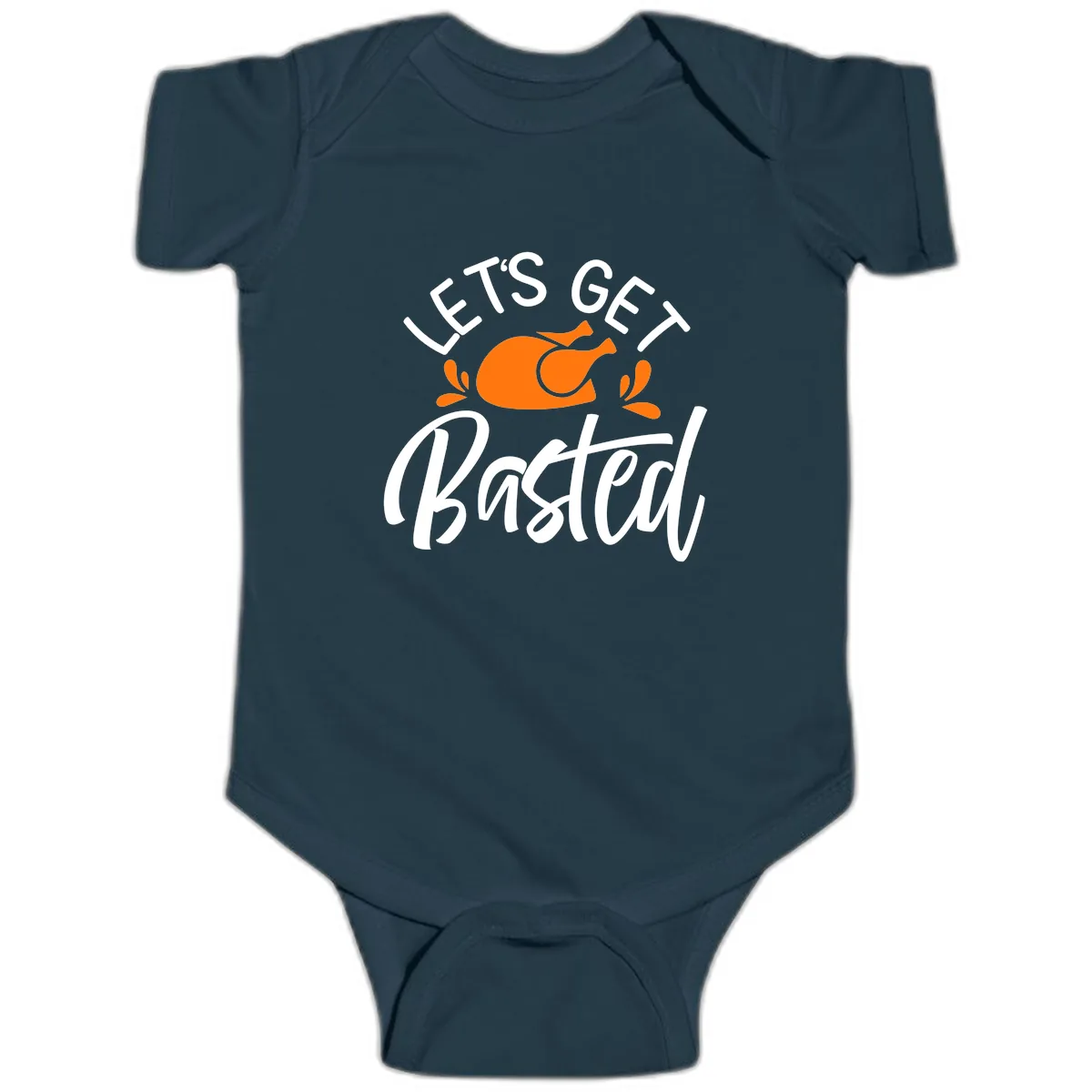 Lets Get Basted Thanksgiving Turkey Design Baby Onesie in Navy