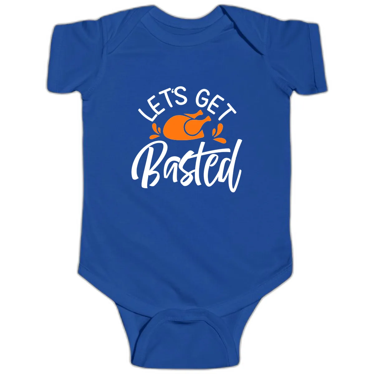 Lets Get Basted Thanksgiving Turkey Design Baby Onesie in Royal