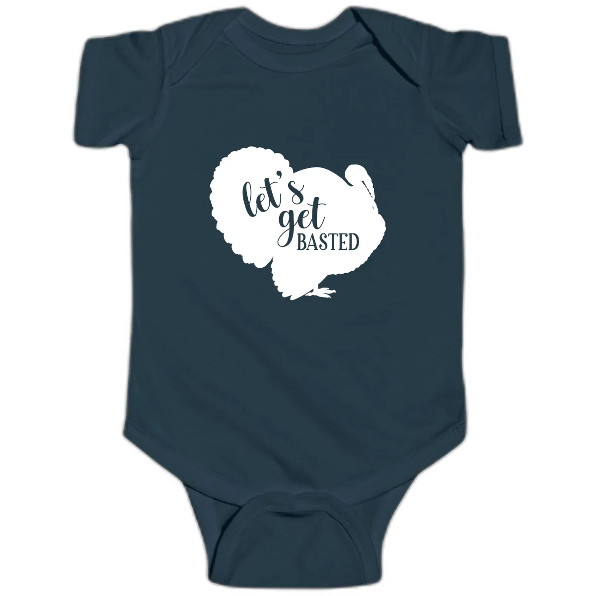 Let's Get Basted Turkey Design Baby Onesie in Navy