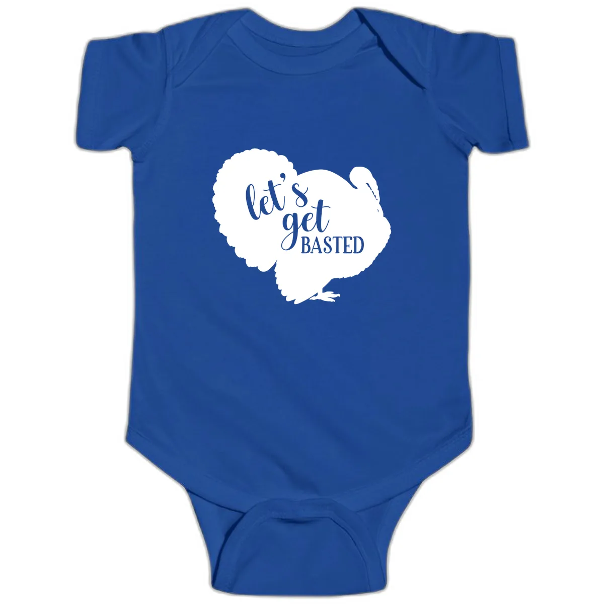 Let's Get Basted Turkey Design Baby Onesie in Royal