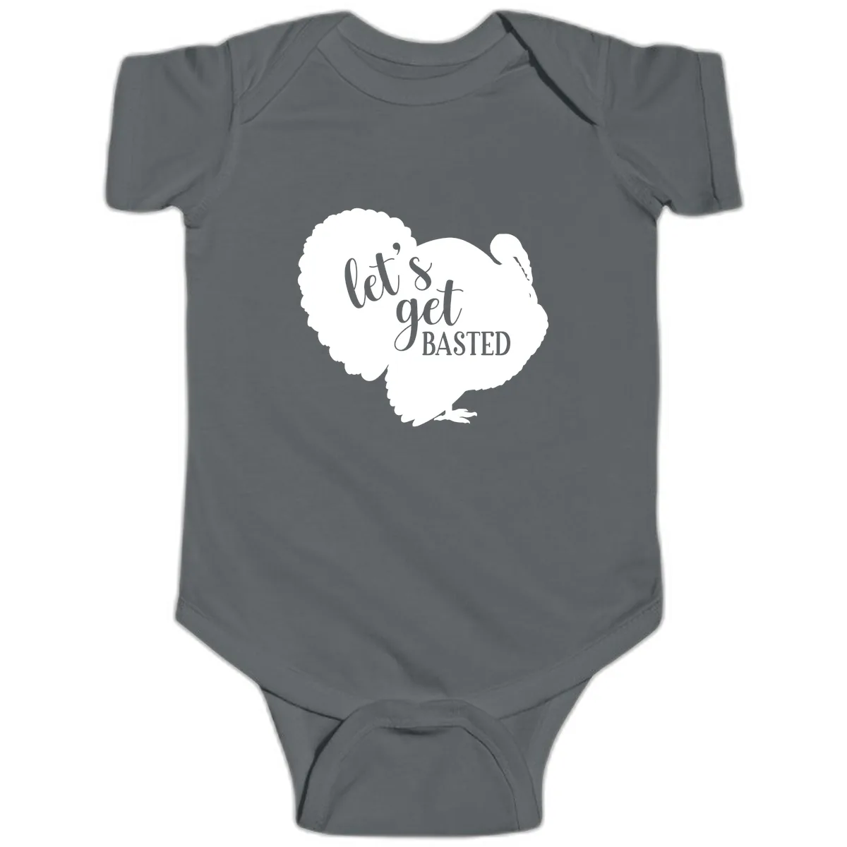 Let's Get Basted Turkey Design Baby Onesie in Charcoal
