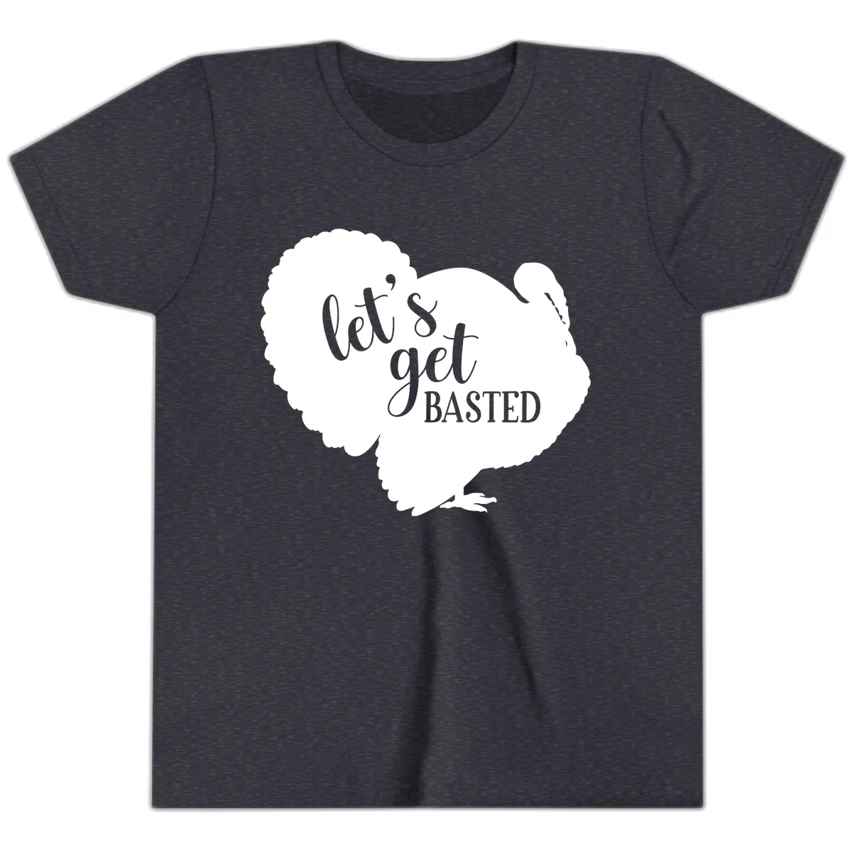 Let's Get Basted Turkey Design Youth T-Shirt in Heather Navy