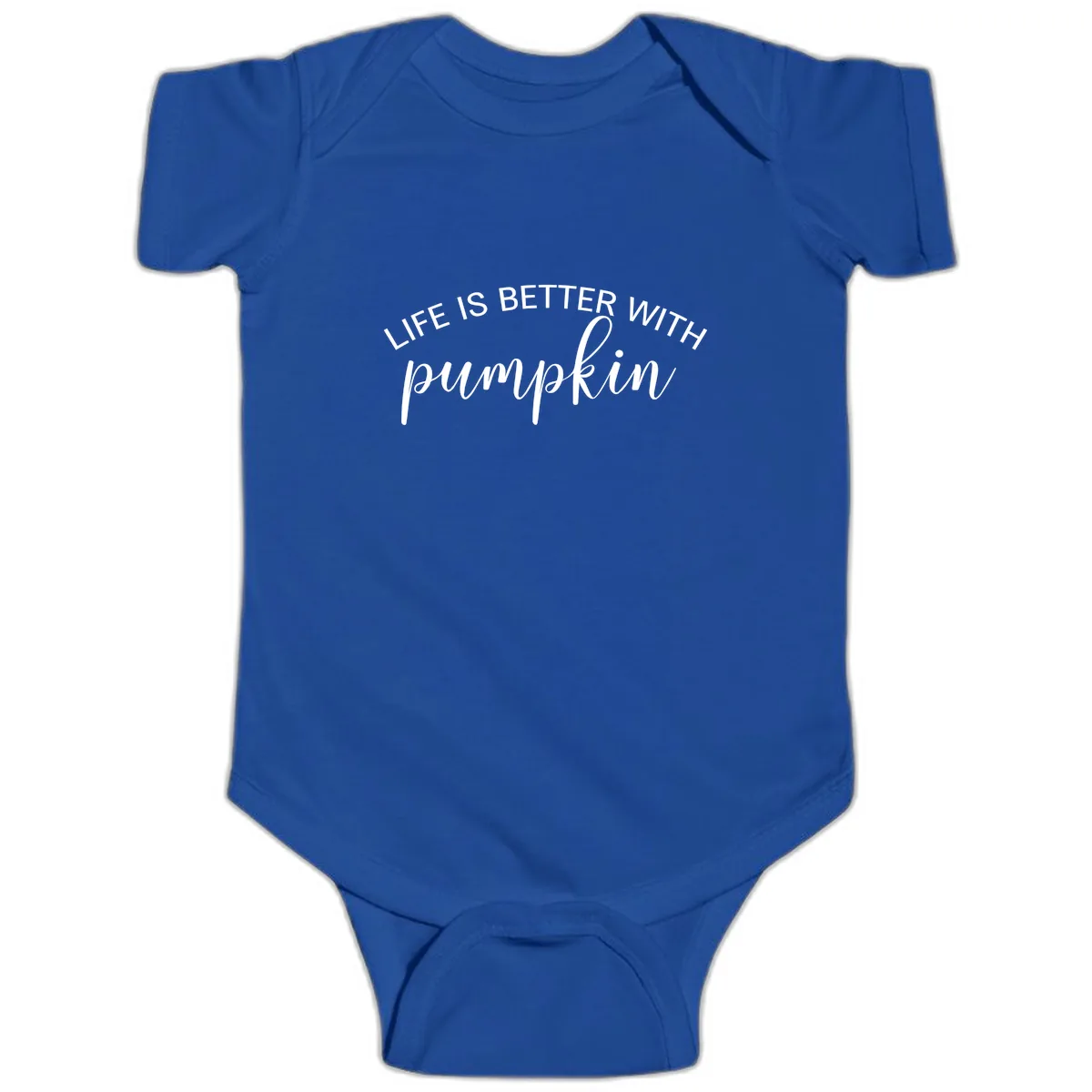 Life Is Better With Pumpkin Fall Phrase Baby Onesie in Royal