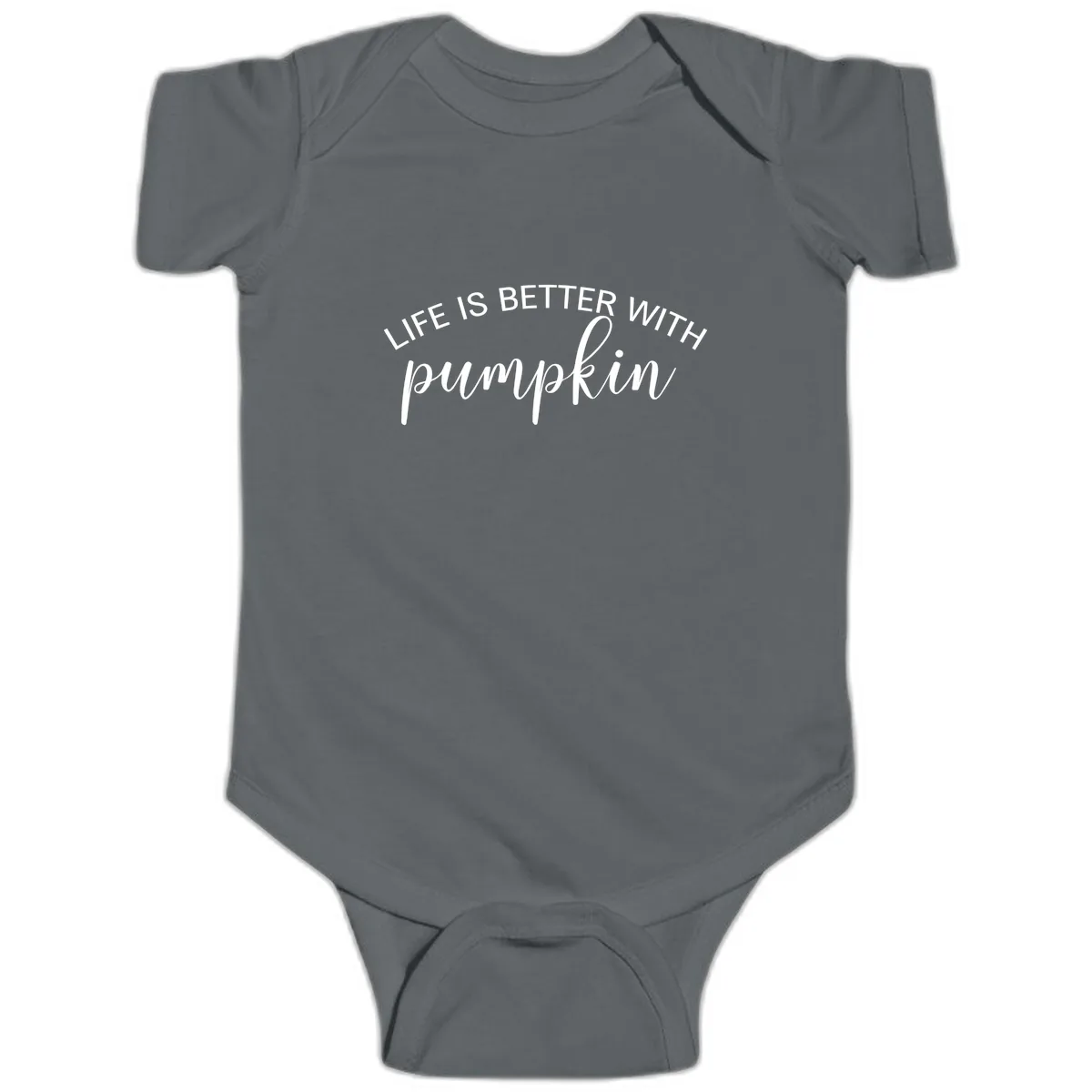 Life Is Better With Pumpkin Fall Phrase Baby Onesie in Charcoal