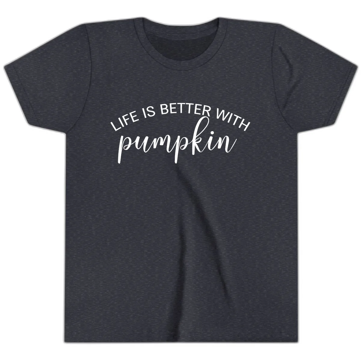 Life Is Better With Pumpkin Fall Phrase Youth T-Shirt in Heather Navy