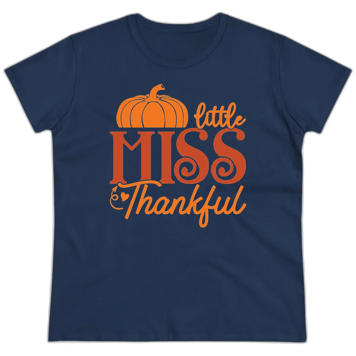 Little Miss Thankful Pumpkin Design Ladies Tee in Navy