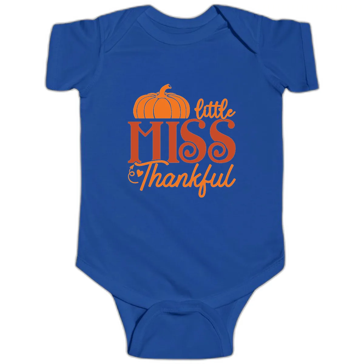 Little Miss Thankful Pumpkin Design Baby Onesie in Royal