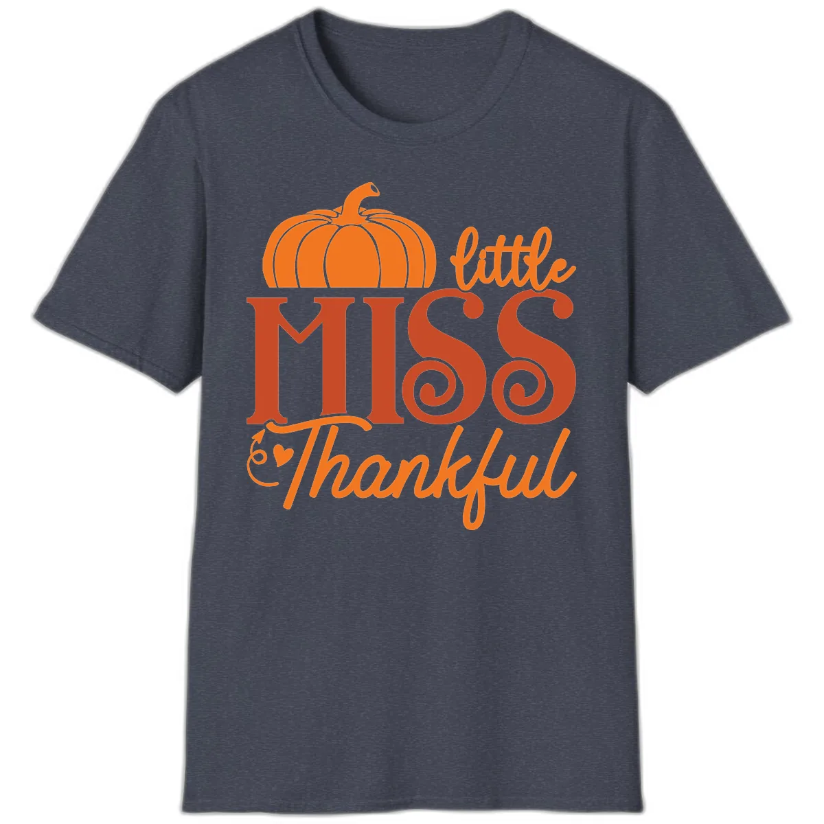 Little Miss Thankful Pumpkin Design T-Shirt in Heather Navy