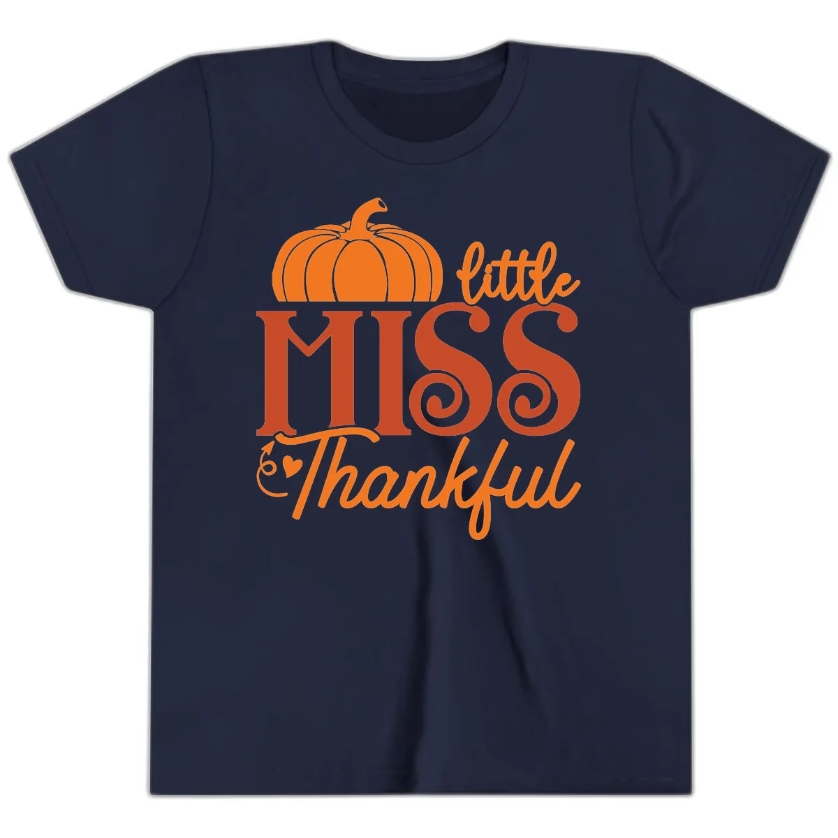 Little Miss Thankful Pumpkin Design Youth T-Shirt in Navy