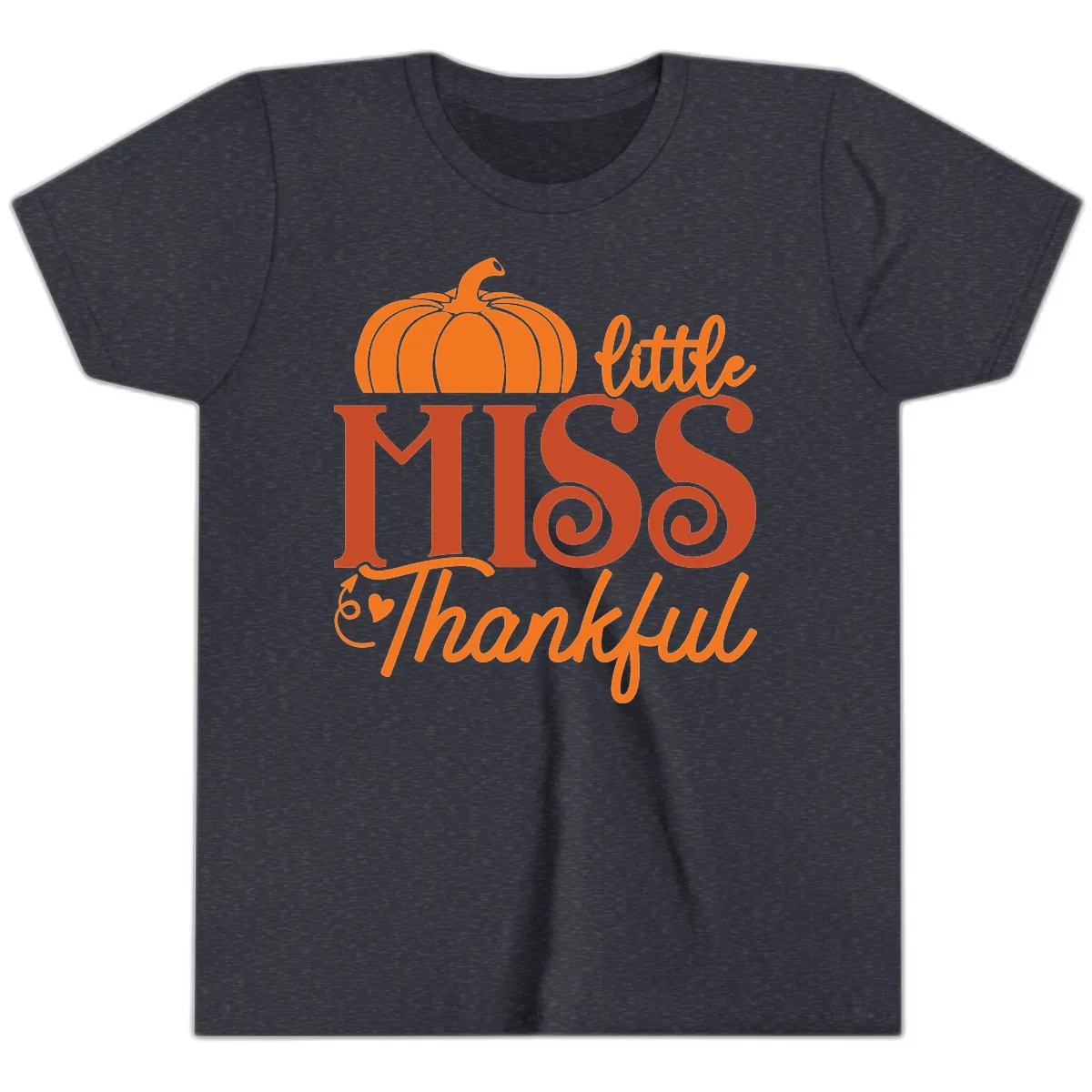 Little Miss Thankful Pumpkin Design Youth T-Shirt in Heather Navy