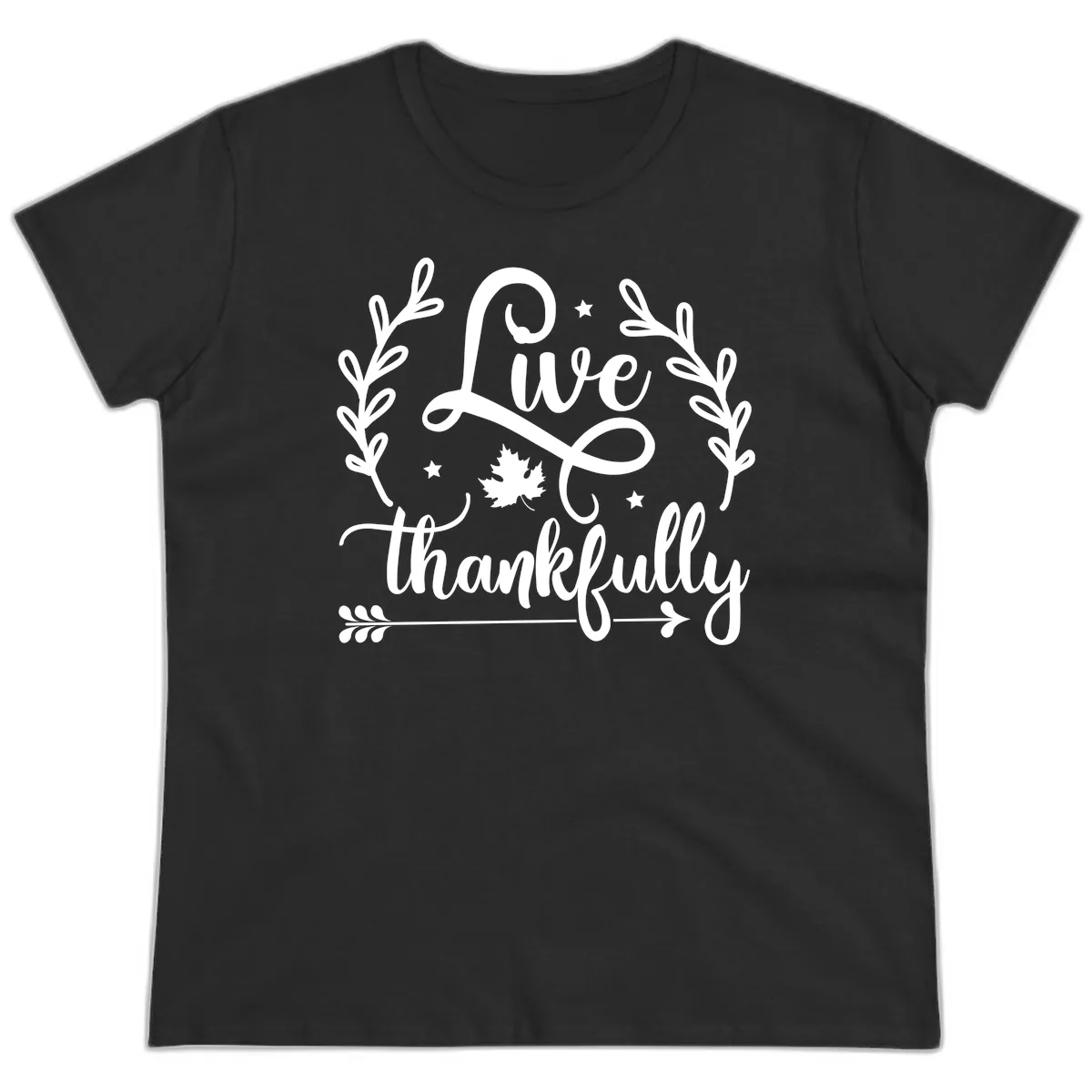 Live Thankfully Thanksgiving Fall Design Ladies Tee in Black