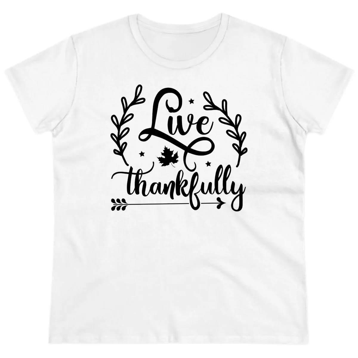 Live Thankfully Thanksgiving Fall Design Ladies Tee in White